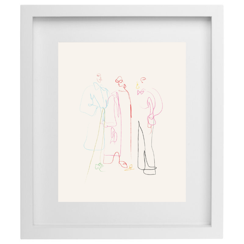 Abstract minimalist multicolour line artwork in a white frame
