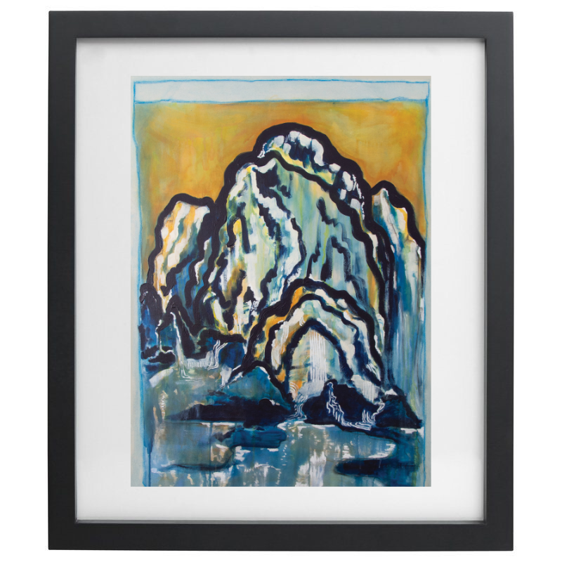 Blue and yellow abstract mountain artwork in a black frame