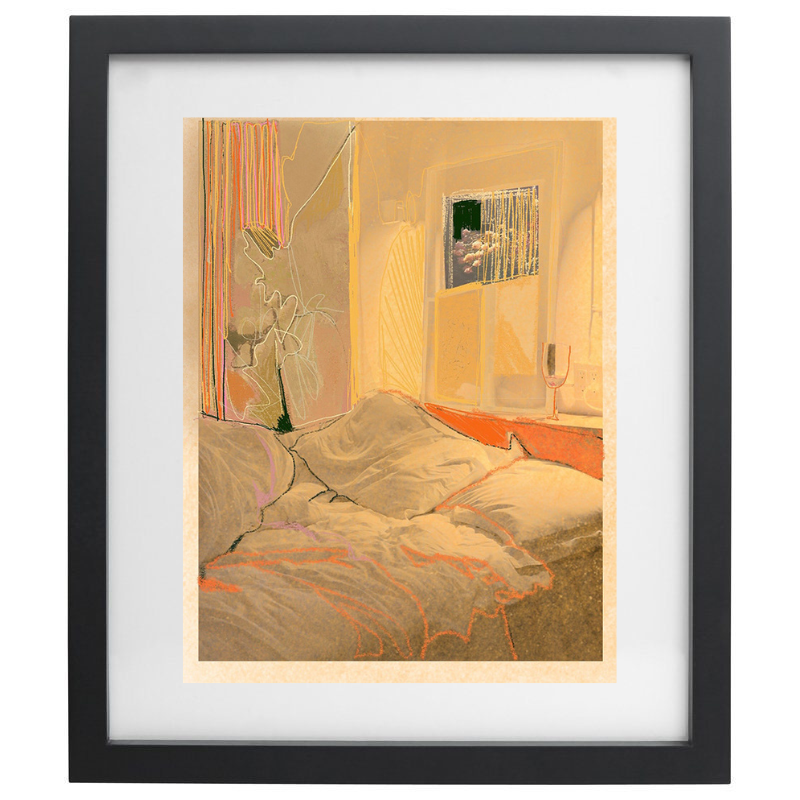 Artwork of a bedroom in a warm colour palette with a black frame