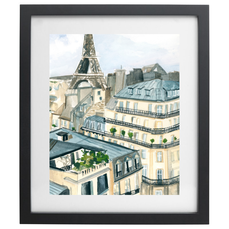 Eiffel tower watercolour artwork in a black frame