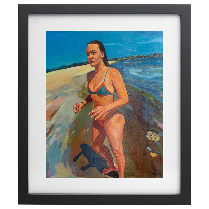 Realistic artwork of a female in a bikini at the beach artwork in a black frame