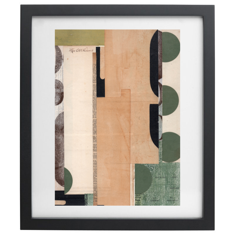 Abstract green and beige vintage paper collage artwork in a black frame