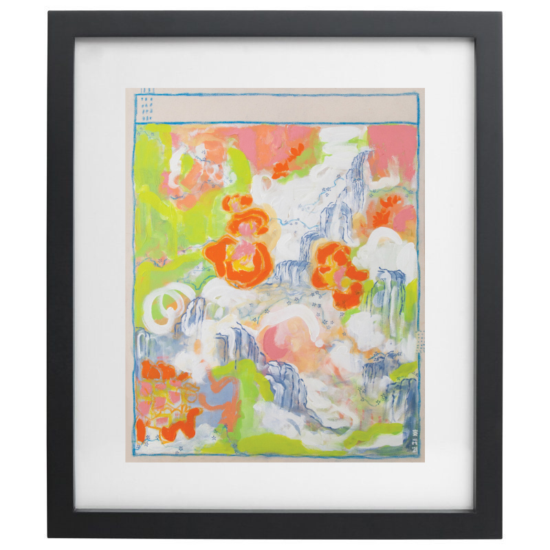 Green, pink, orange, and white abstract artwork in a black frame