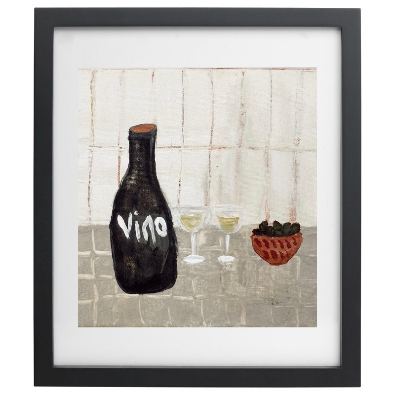 Abstract wine and grapes artwork with a black frame