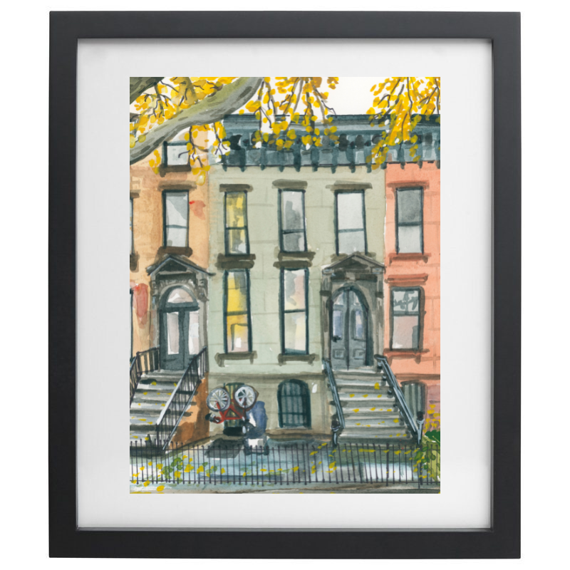 New York brownstone watercolour artwork in a black frame