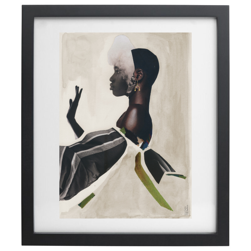 Neutral coloured fashion collage artwork in a black frame