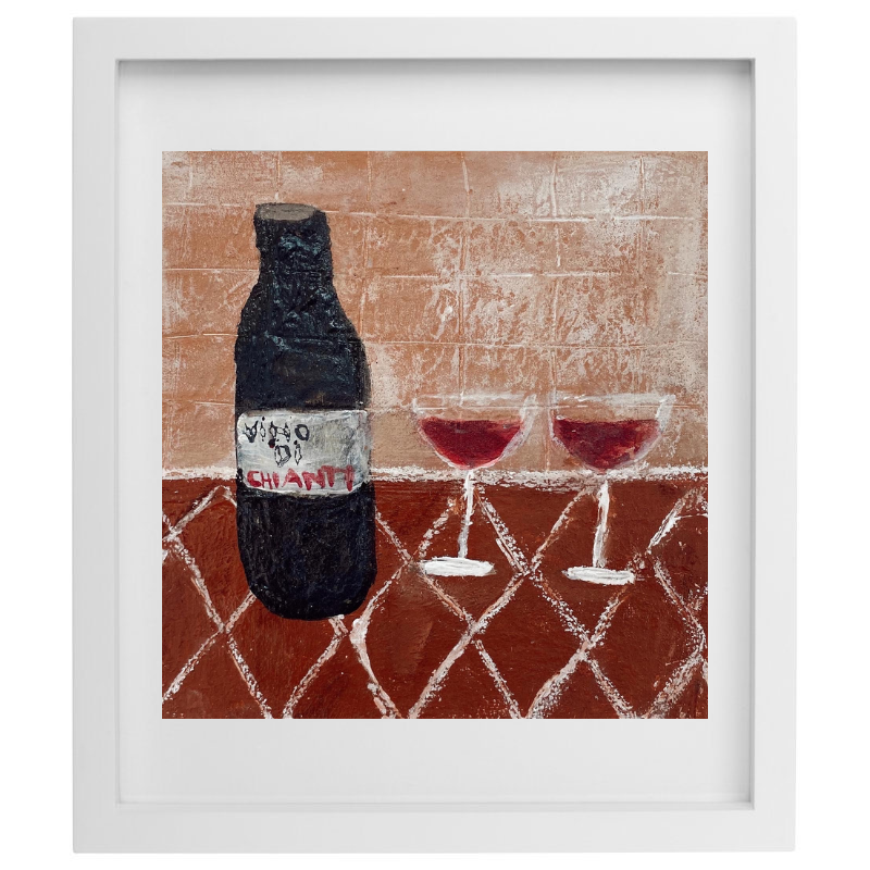Abstract wine bottle and glasses artwork in a white frame