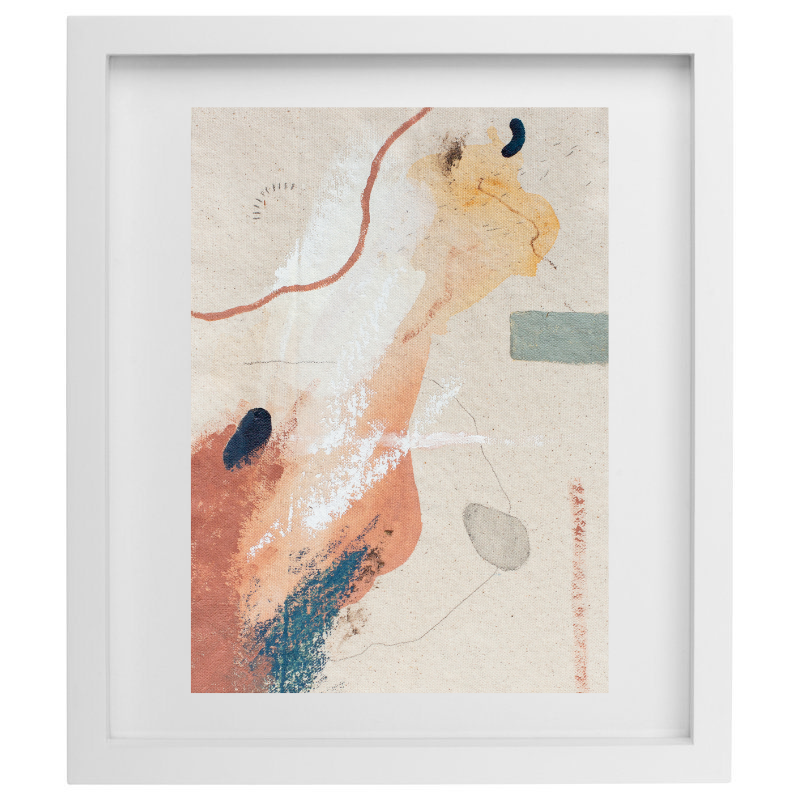 Abstract orange and blue artwork in a white frame