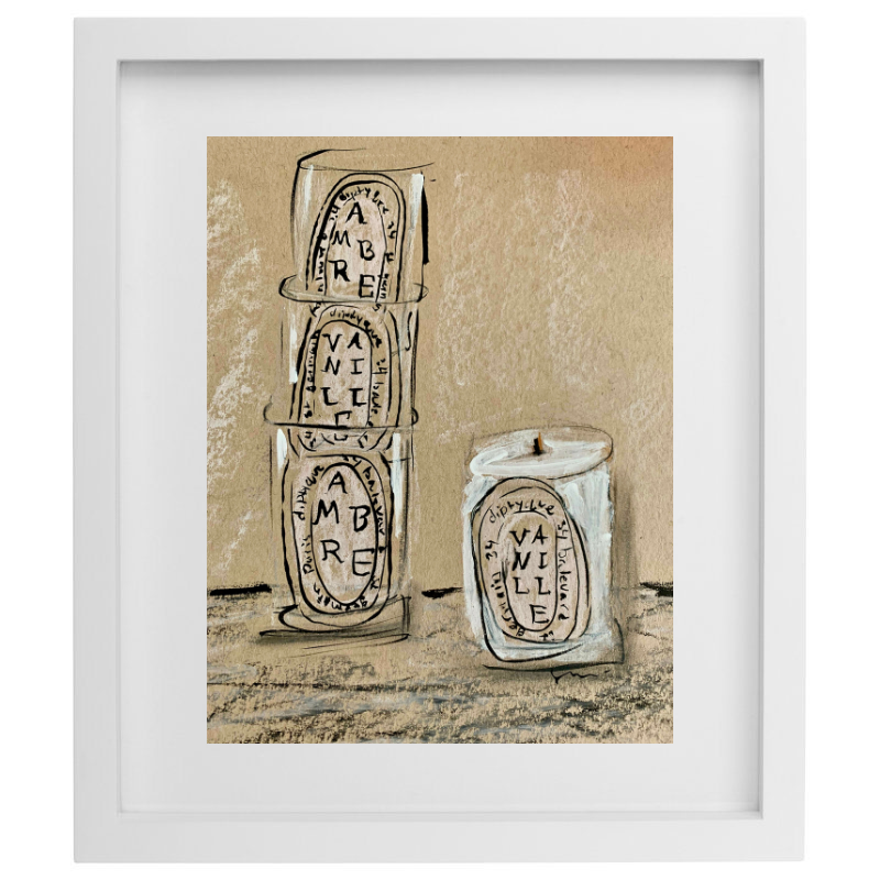 Empty Diptyque candle artwork in a white frame