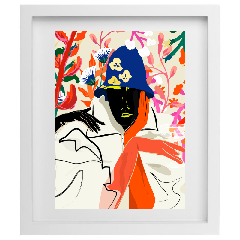 Floral colourful female figure artwork in a white frame