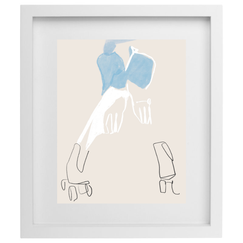 Blue and white minimalist artwork in a white frame