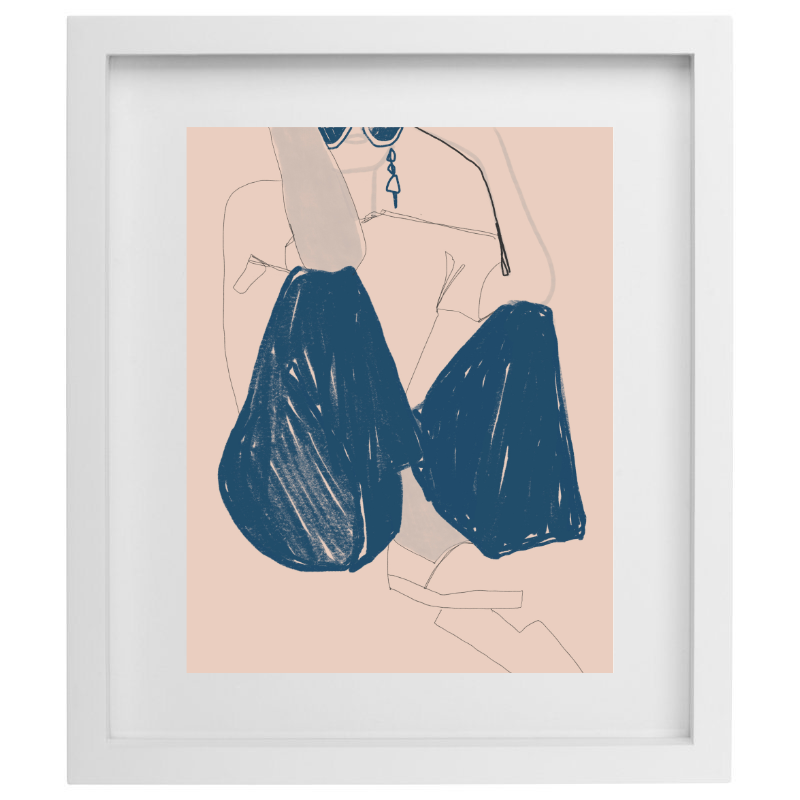 Blue minimalist fashion artwork in a white frame
