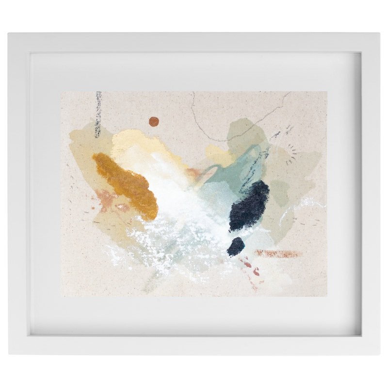 Abstract blue, orange, and beige artwork in a white frame