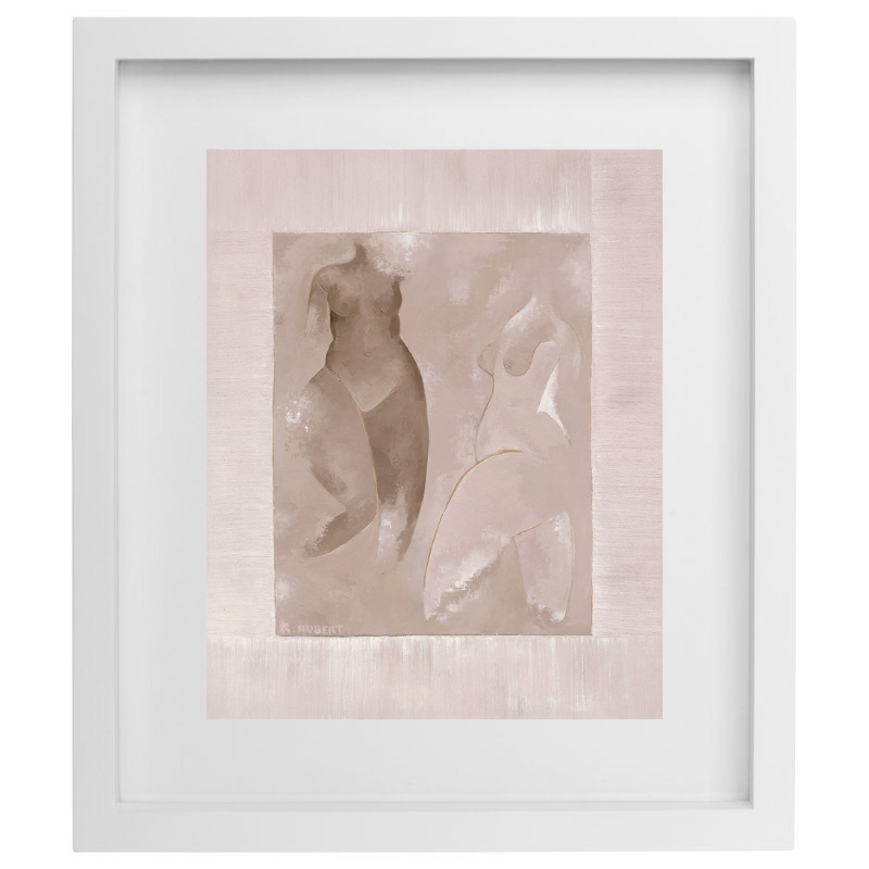 Naked female figure watercolour artwork in a neutral colour palette in a white frame