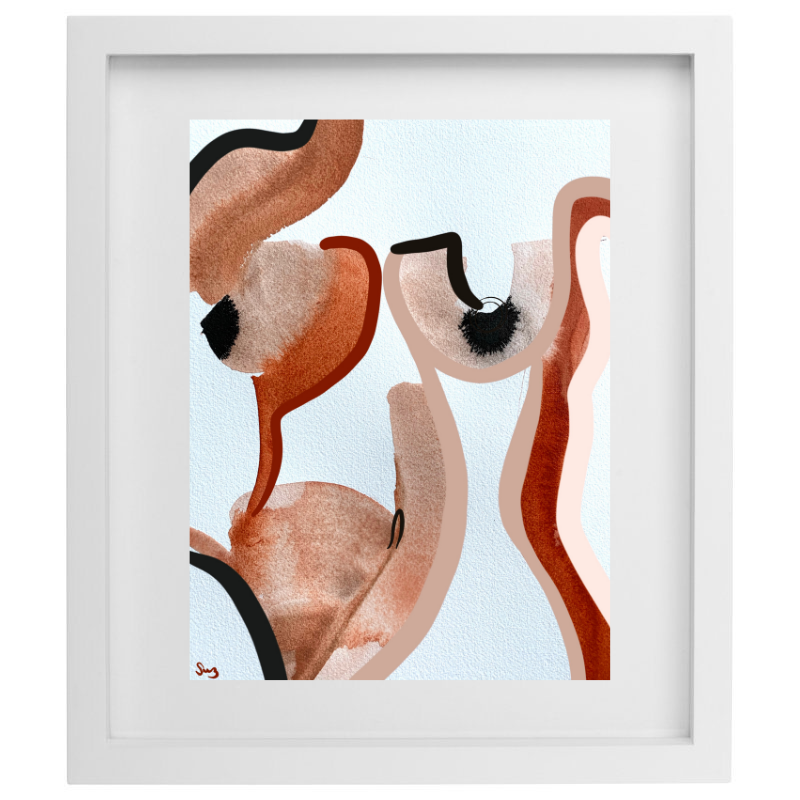 Abstract pinks and browns artwork in a white frame