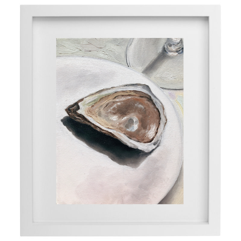 Realistic oyster artwork in neutral colours in a white frame