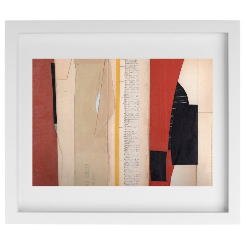 Abstract vintage collage artwork in a white frame