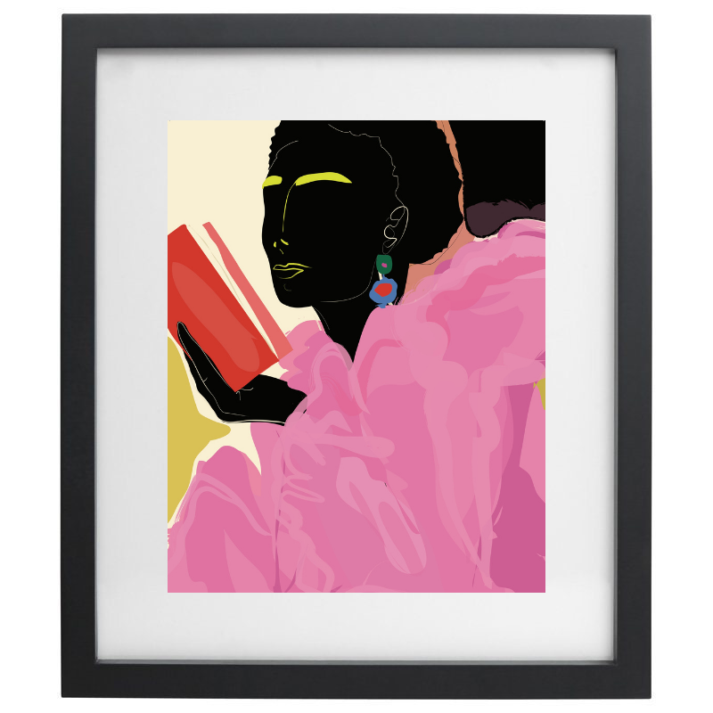 Woman in a pink outfit colour blocked artwork in a black frame
