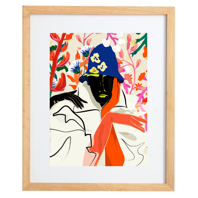 Floral colourful female figure artwork in a natural frame