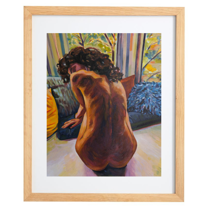 Artwork of a nude female figure with a colourful background in a natural frame