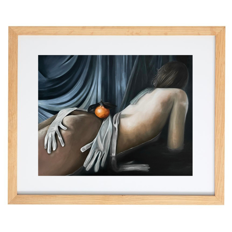Realistic female figure with oranges and gloves artwork in a natural frame