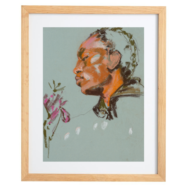 Abstract human face with flowers over a teal background in a natural frame