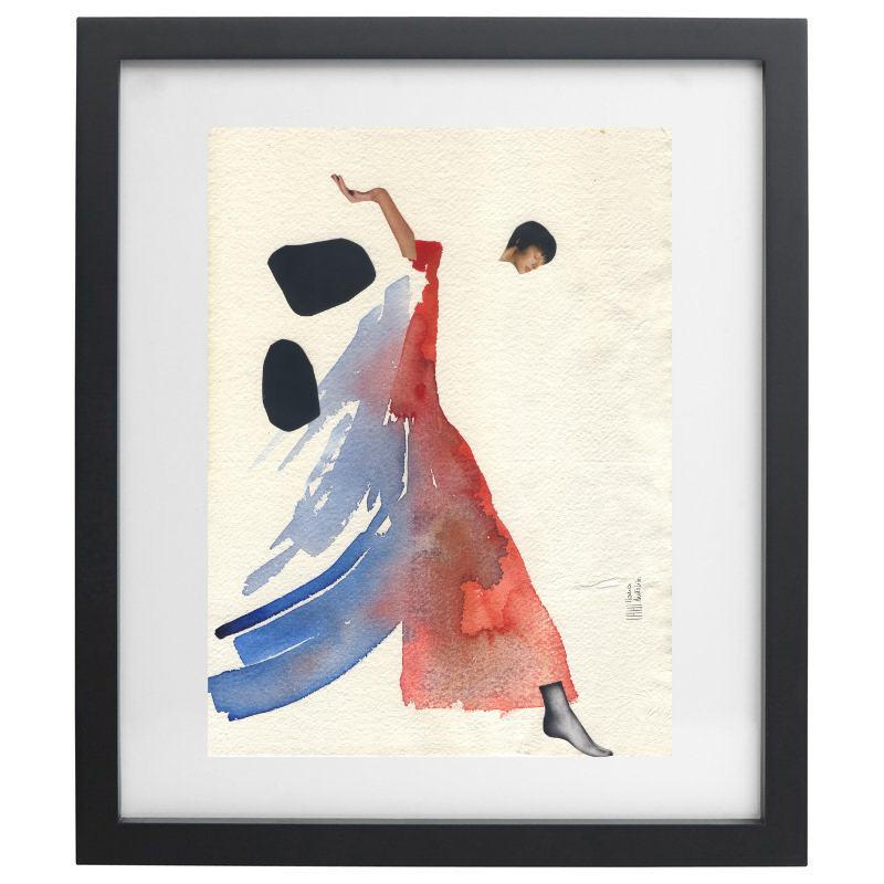 Blue and pink fashion watercolour artwork in a black frame