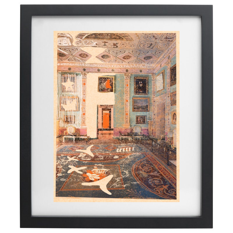 Interior design artwork with warm colour palette in a black frame