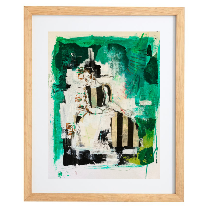 Abstract mixed media female form with green background in a natural frame