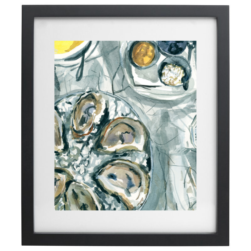 Oyster watercolour artwork in a black frame
