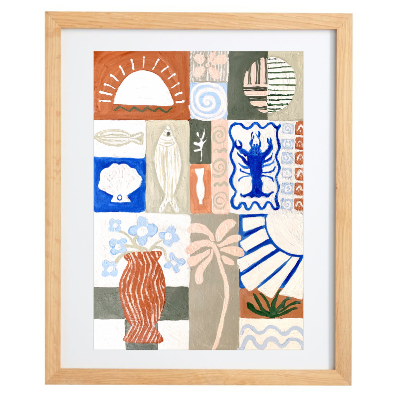 Abstract coastal artwork in pastel colours and cobalt blue with a natural frame 
