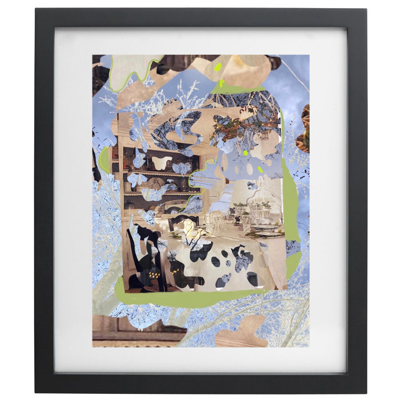 Abstract collage artwork with pastel colour palette in a black frame
