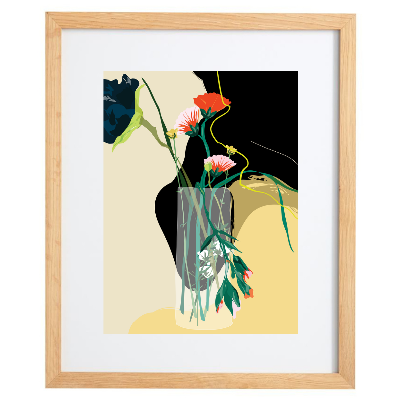 Colourful flowers still life artwork in a natural frame