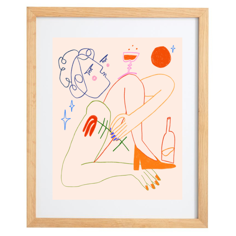 Abstract female form colourful line artwork in a natural frame