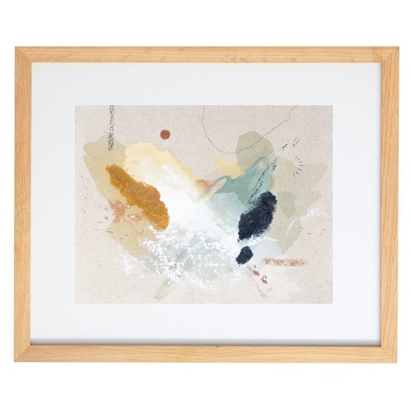 Abstract blue, orange, and beige artwork in a natural frame