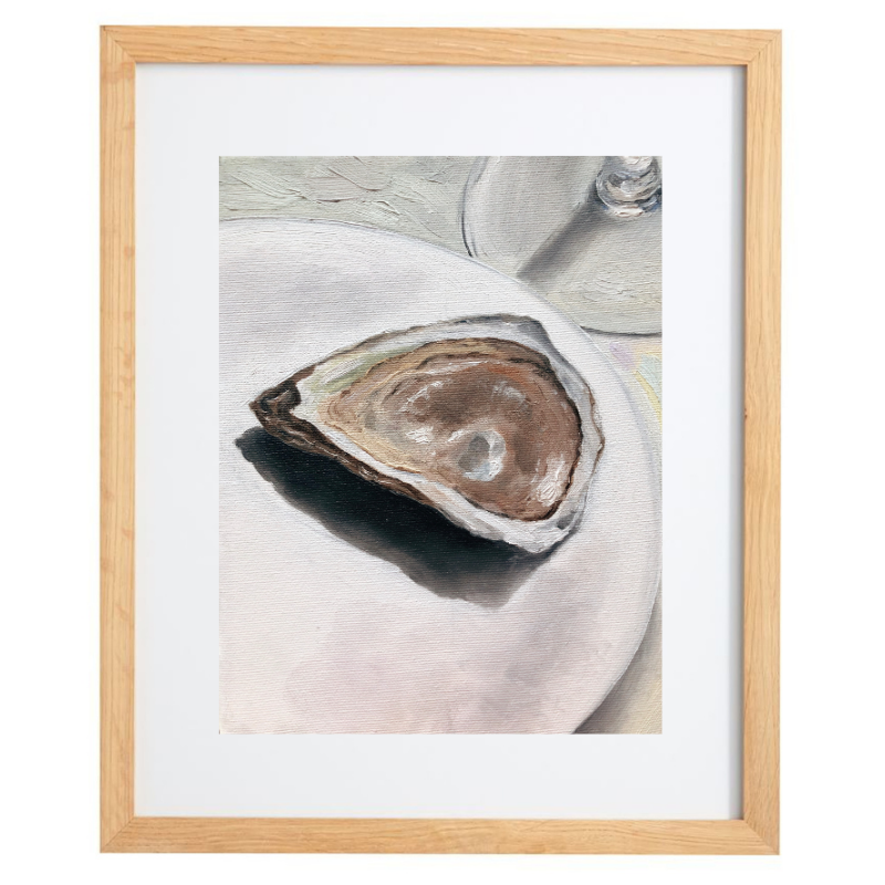 Realistic oyster artwork in neutral colours in a natural frame