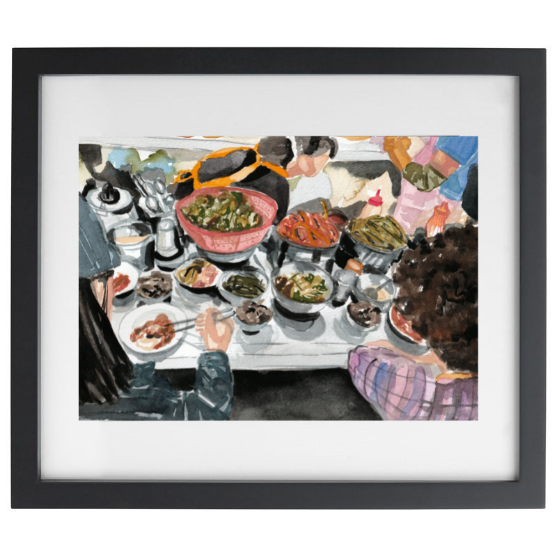 Watercolour Korean food artwork in a black frame