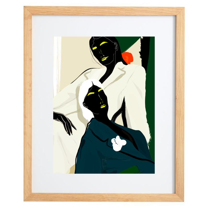 Minimalist colour blocked female figure artwork in a natural frame