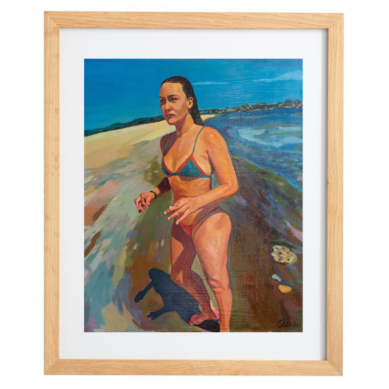 Realistic artwork of a female in a bikini at the beach artwork in a natural frame