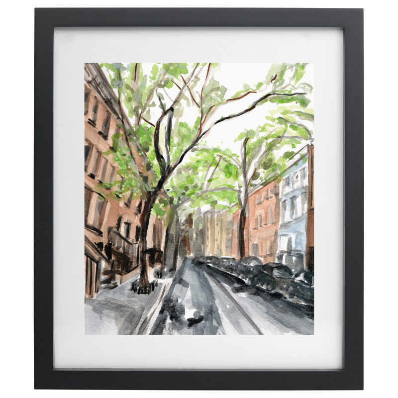 New York street watercolour artwork in a black frame
