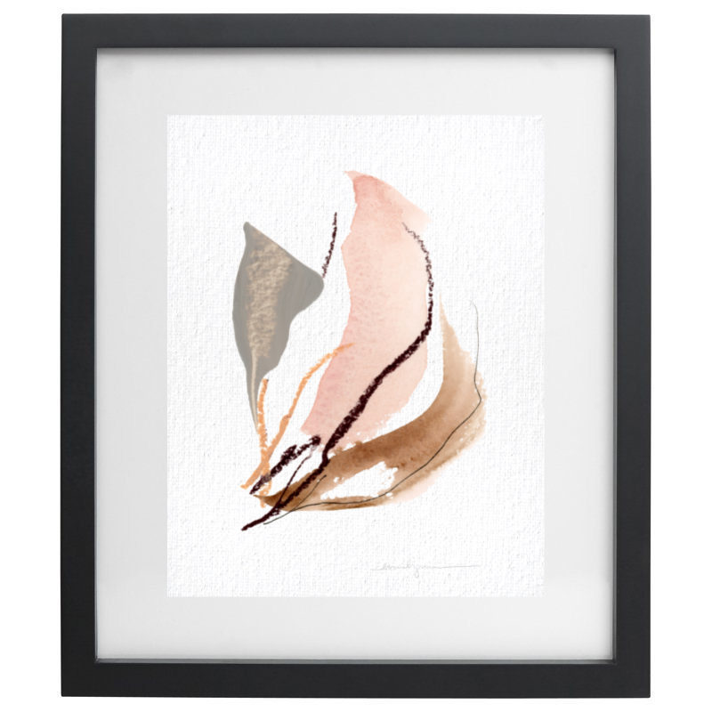 Pink, grey, and brown minimalist artwork in a black frame