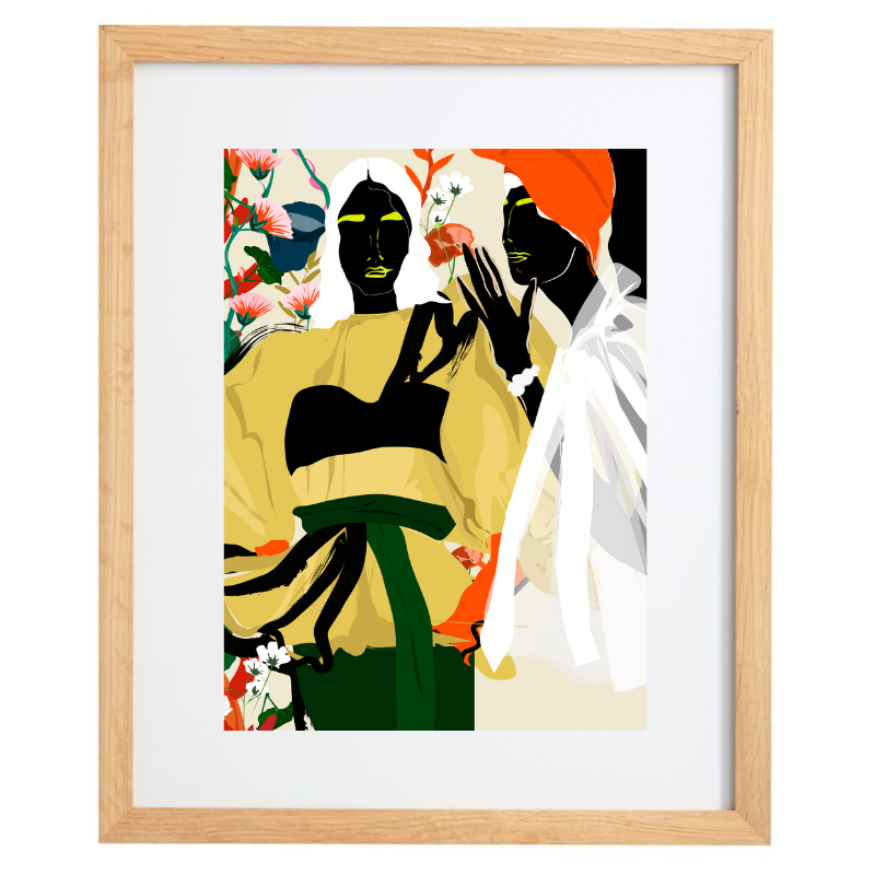 Female forms and florals colour blocked artwork in a natural frame