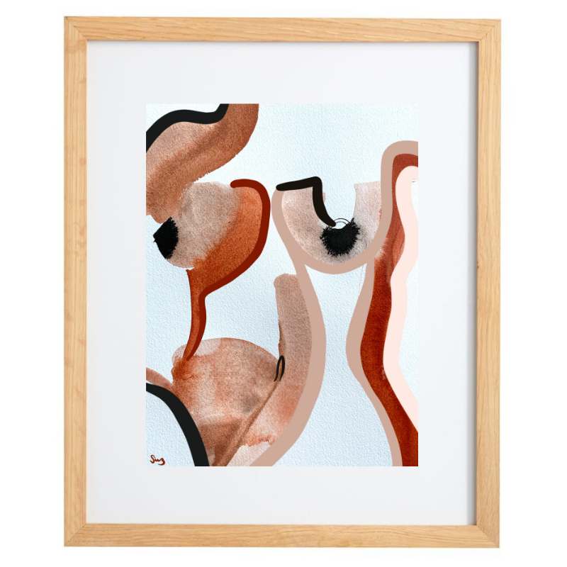 Abstract pinks and browns artwork in a natural frame