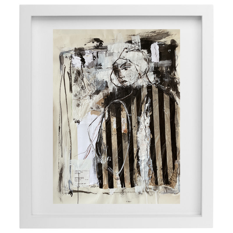 Abstract mixed media figure artwork in a neutral palette with a white frame