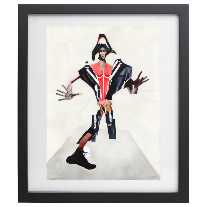 Human form collage artwork in a black frame