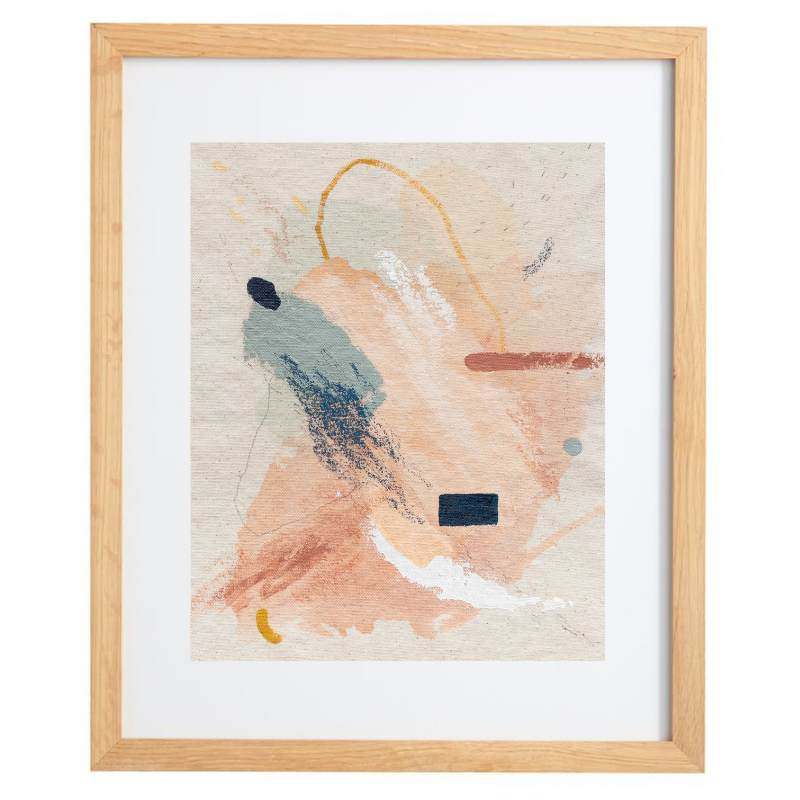 Pink, blue and orange abstract artwork in a natural frame