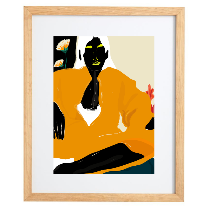 Woman in an orange outfit artwork in a natural frame