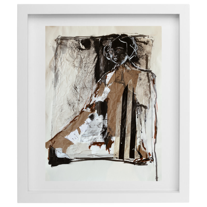 Abstract mixed media artwork in a neutral palette with a white frame