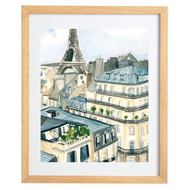 Eiffel tower watercolour artwork in a natural frame