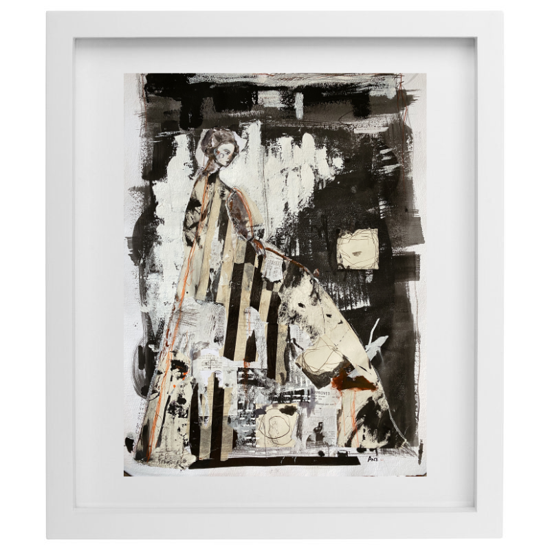 Abstract mixed media black and white figure artwork with a white frame